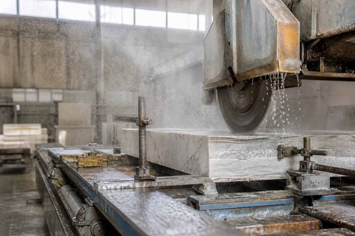 Atelier de marbrerie avec debit d une tranche de marbre a la scie a eau, poussiere et lumiere rasante