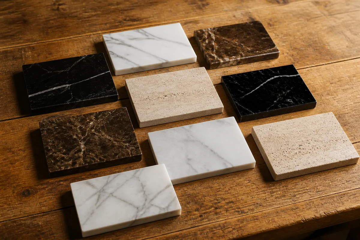 Echantillons de marbre blanc, noir et brun disposes sur un etabli en bois d atelier