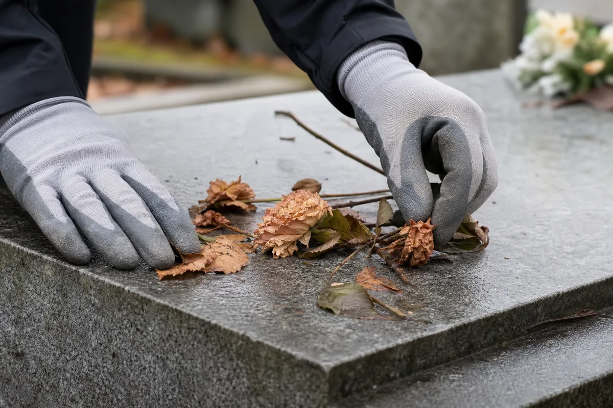 Personne retirant fleurs fanées et feuilles mortes d’une pierre tombale en granit avant nettoyage dans un cimetière calme