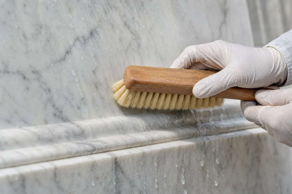 Marbrier nettoyant délicatement une stèle funéraire en marbre blanc avec une brosse à poils souples et de l’eau claire
