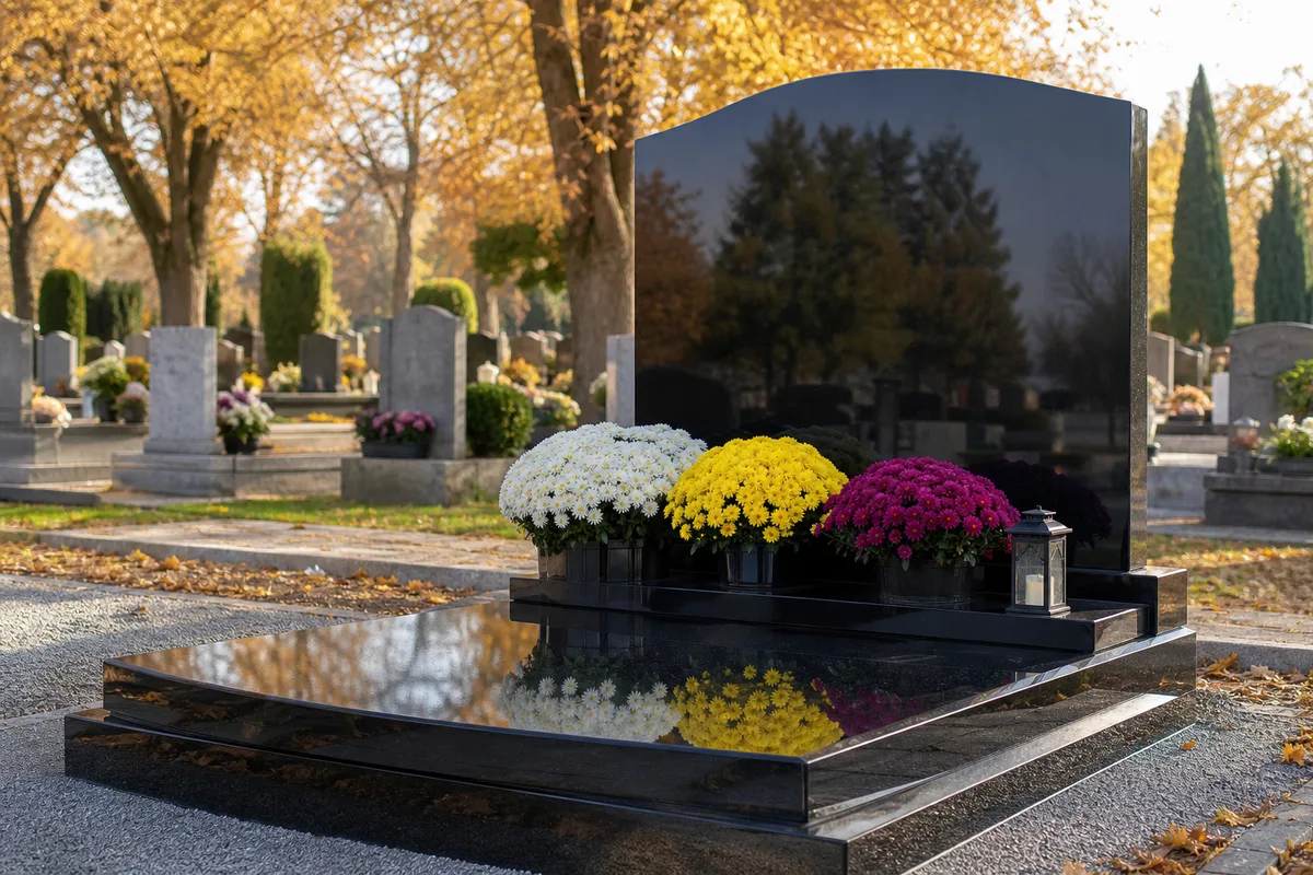 Pierre tombale en granit noir poli parfaitement nettoyée et fleurie, lettres dorées nettes sous une lumière douce d’automne