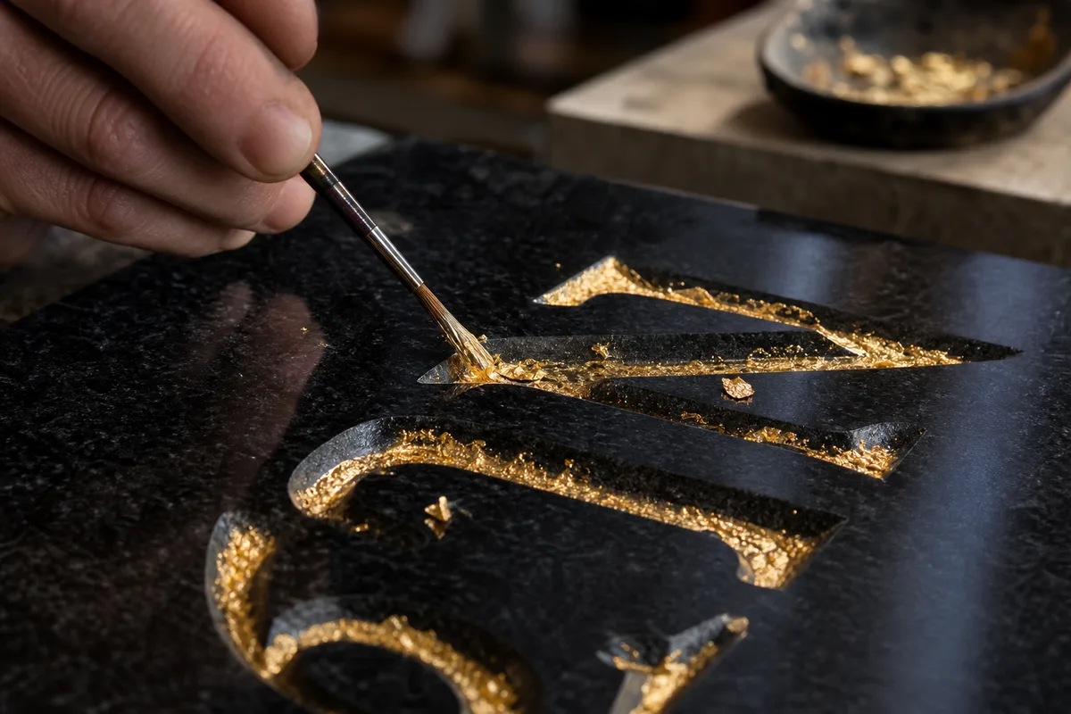 Marbrier appliquant une dorure à la feuille au fond des lettres gravées sur une plaque de granit noir