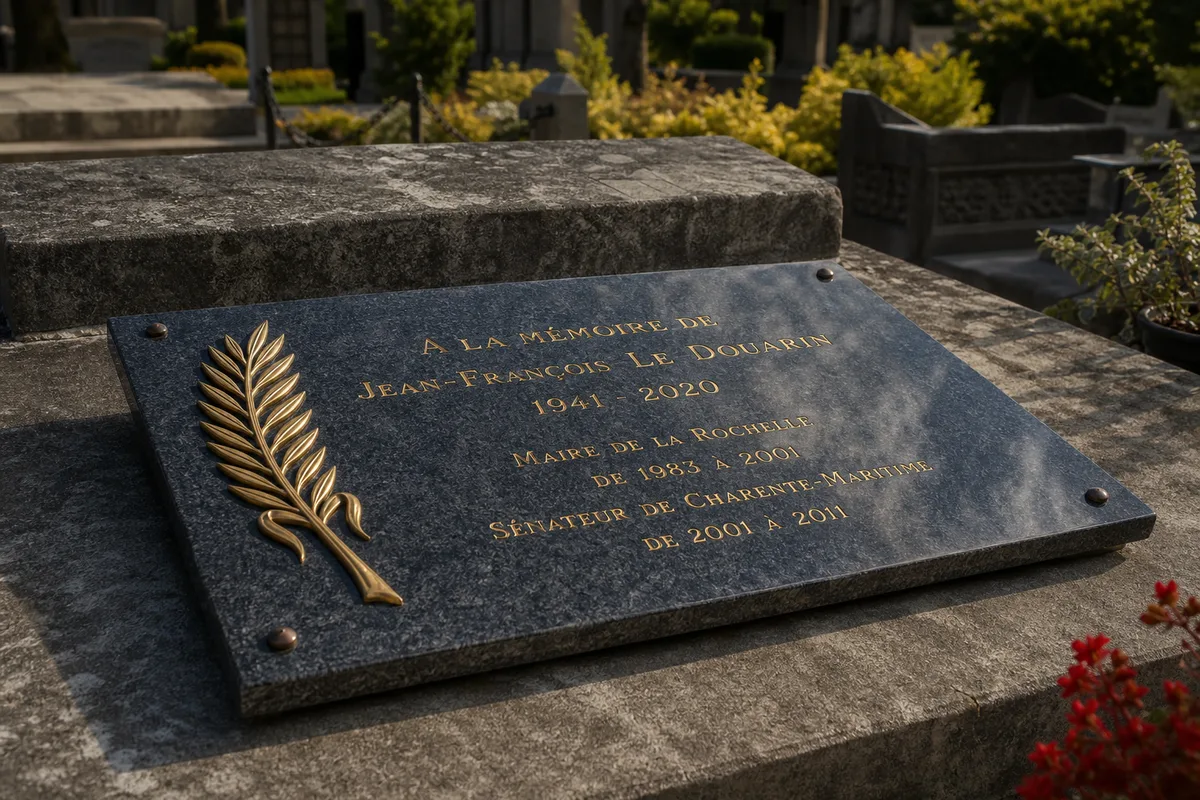 Plaque funéraire en granit gravée exposée en extérieur dans un cimetière, lettres dorées nettes sous la lumière