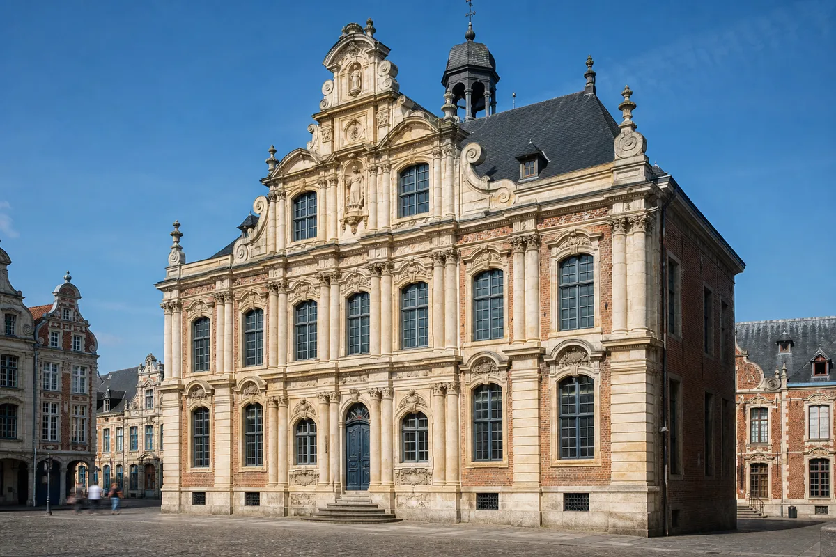 Façade en pierre et brique d’un bâtiment ancien du centre historique d’Arras