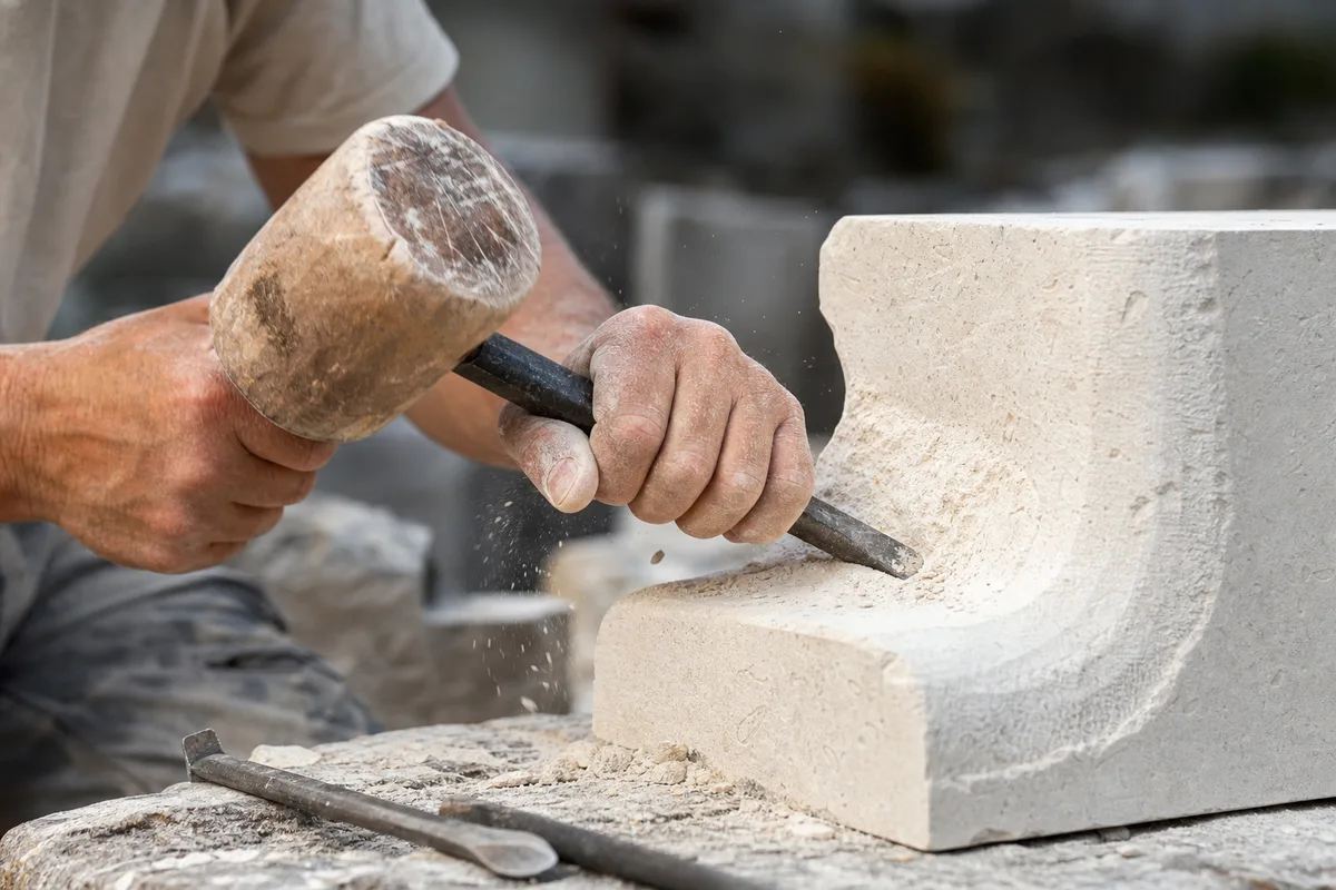 Artisan tailleur de pierre au travail sur un bloc de pierre calcaire
