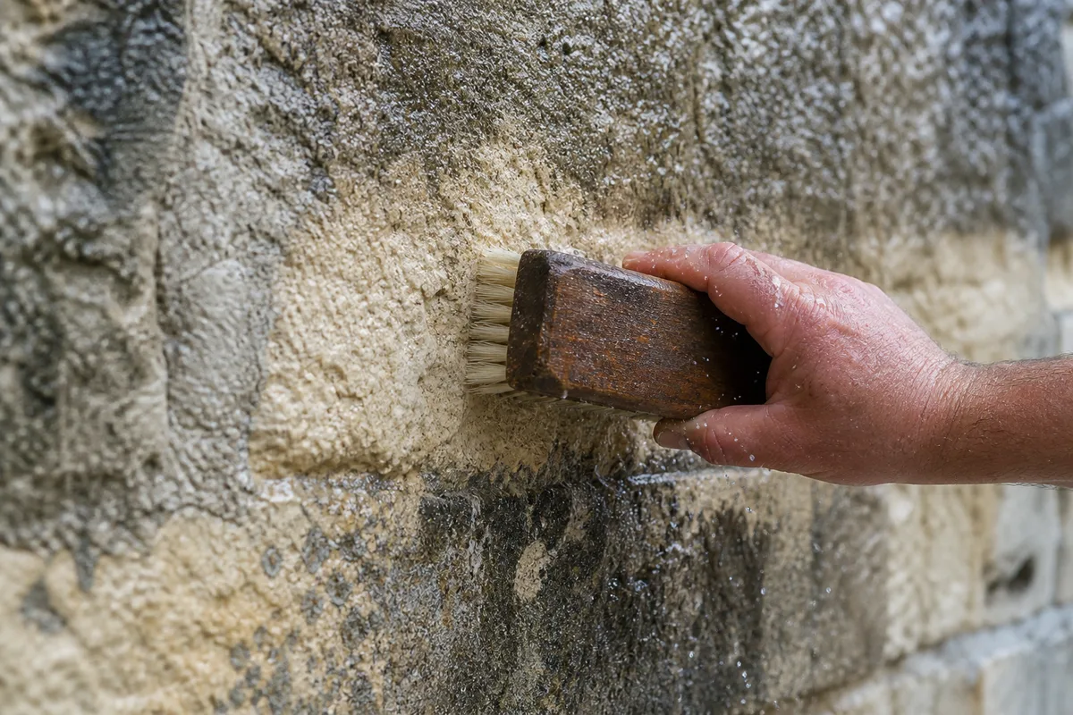 Nettoyage doux d’un mur en pierre calcaire à la brosse souple