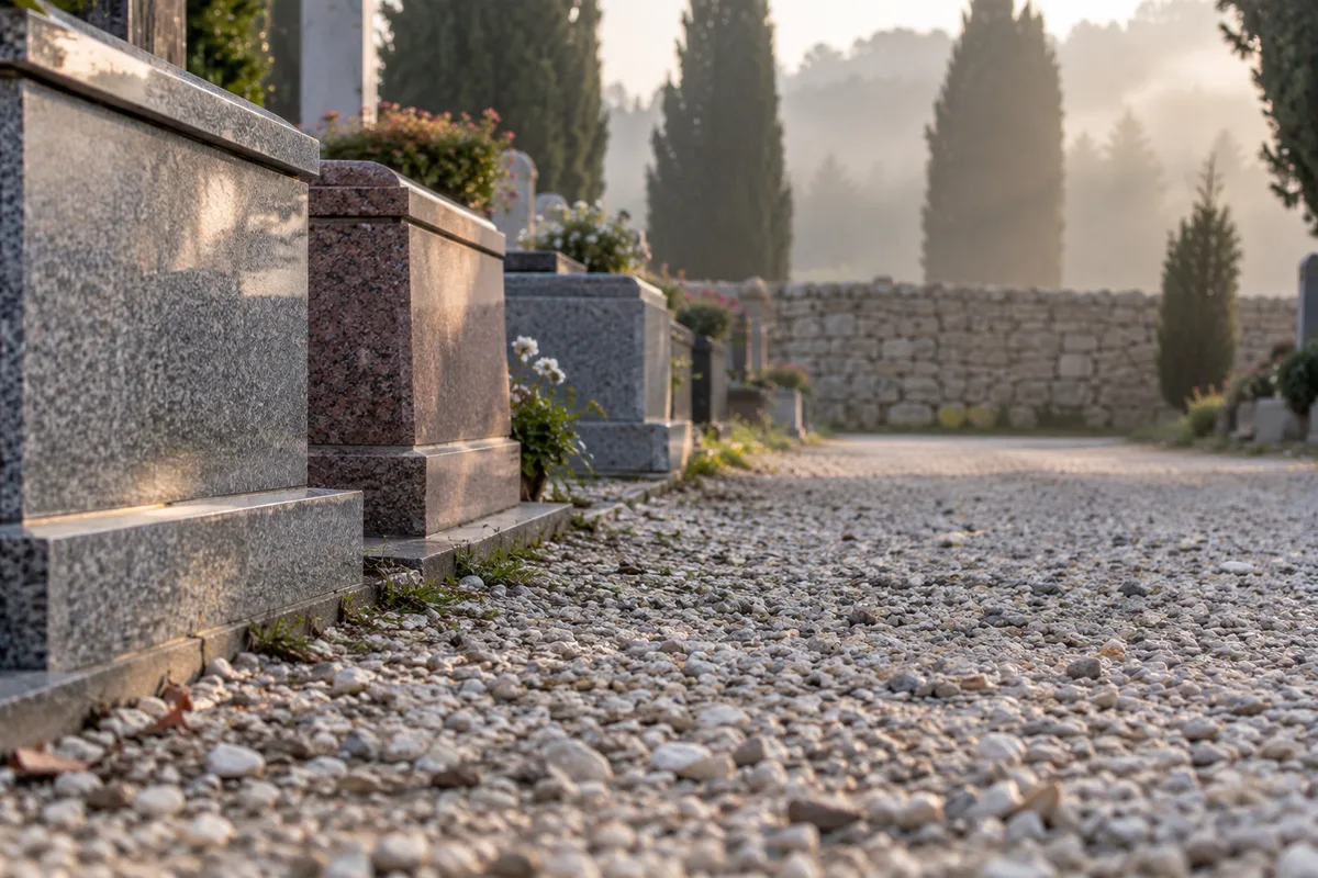 Allée gravillonnée d&rsquo;un cimetière de village bordée de tombes basses en granit au petit matin