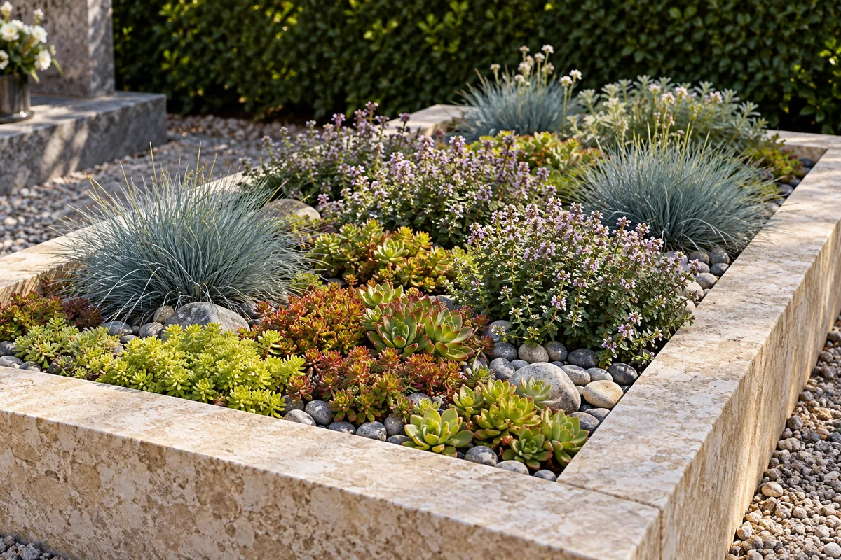 Tombe végétalisée encadrée de pierre calcaire, plantée de sedums, de thym et de fétuque sur un lit de galets