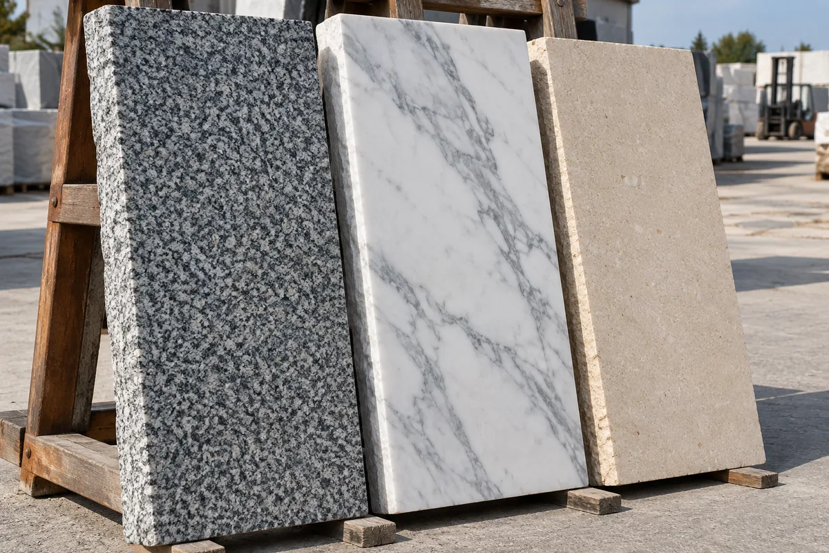 Dalles de granit gris, de marbre blanc veiné et de pierre calcaire beige dressées dans la cour d&rsquo;un atelier de marbrerie