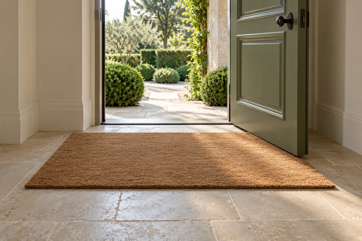 Entrée au sol en travertin adouci avec un tapis en fibre de coco devant une porte ouverte sur le jardin