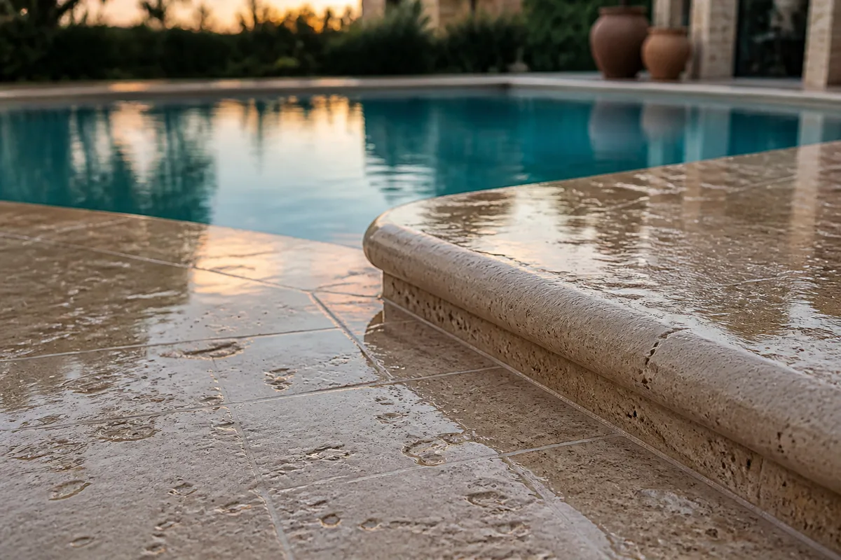 Plage de piscine en travertin clair encore humide après une averse, texture mate et margelles arrondies