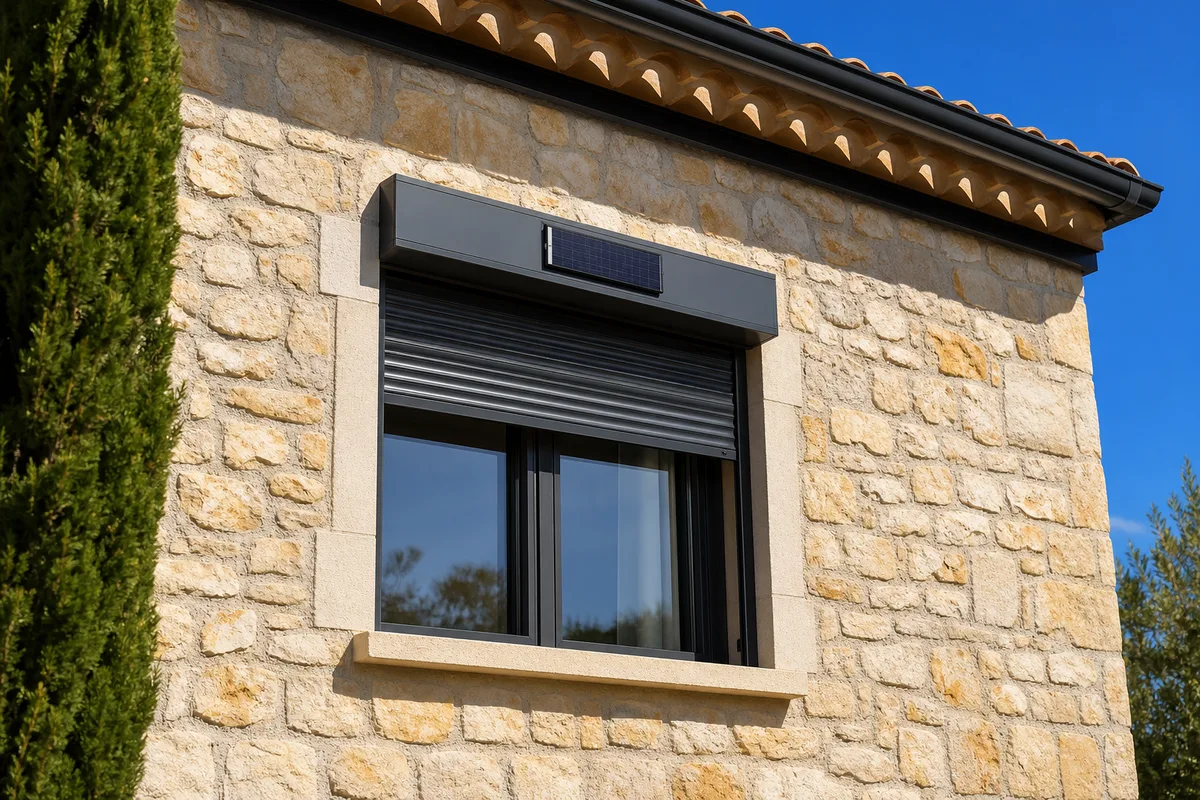 Volet roulant solaire motorisé sur une façade de maison ancienne en pierre