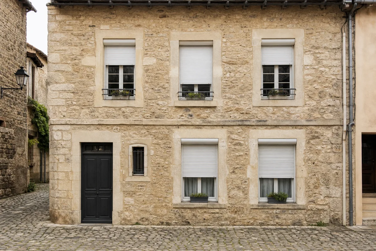 Volets roulants sur une façade ancienne en pierre en secteur protégé